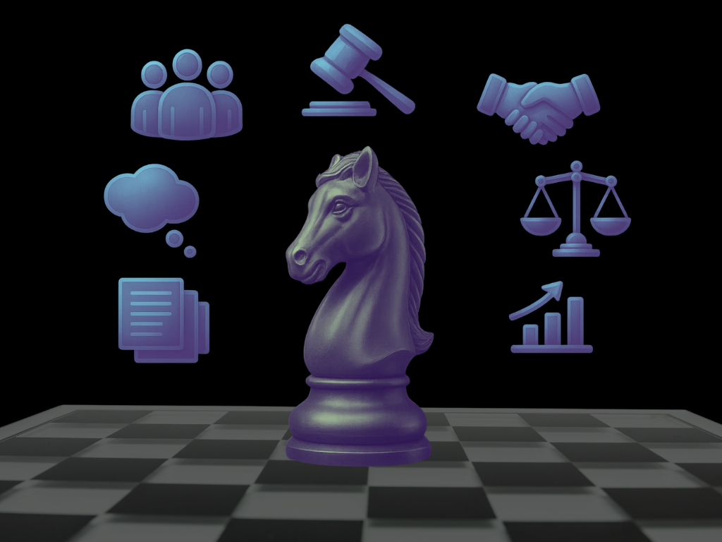 抽象图像：棋盘上的一枚棋子，周围环绕着代表人员、政策、聊天、审核、平衡与分析的图标